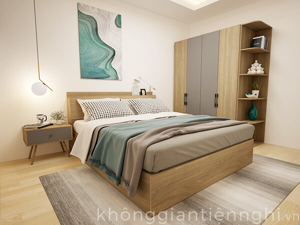 Bộ phòng ngủ Bắc Âu thiết kế với gam trầm lịch lãm, ấm cúng.