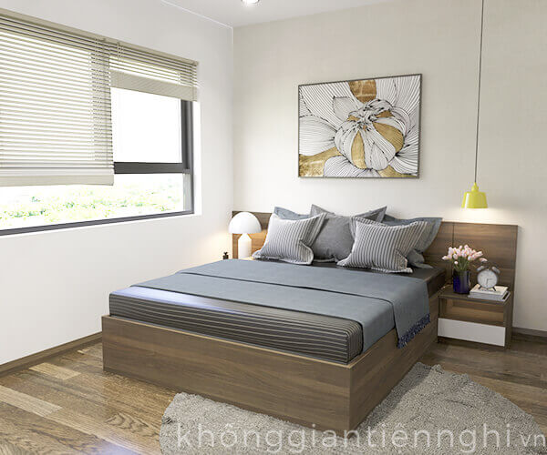 Mẫu phòng ngủ đẹp 012BPN03 dành cho vợ chồng mới cưới được thiết kế tông màu đơn sắc cực kỳ hiện đại.