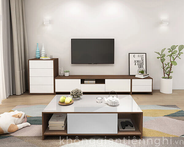 Bộ bàn trà và kệ tivi phòng khách 012CPK-PK005 theo tông màu trắng sáng, hiện đại.