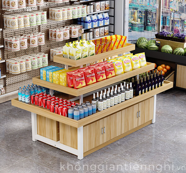 Kệ trung bày hàng hóa mỹ phẩm trái cây rau củ 3 tầng bằng gỗ KGTN 012KBH008