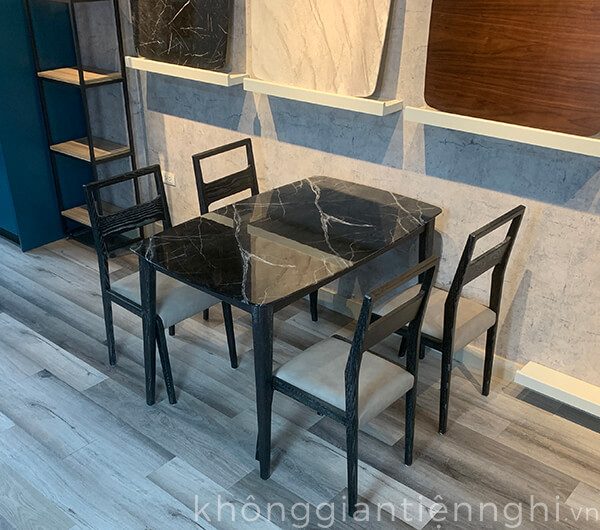 Bộ bàn ăn 4 6 ghế gỗ mặt vân đá màu đen đẹp hiện đại giá rẻ KGTN.BGA02